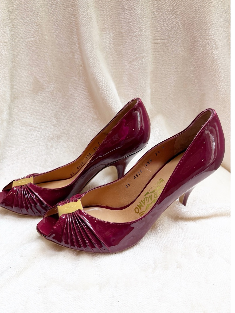 Salvatore Ferragamo Burgundy Patent Peep-Toe Pumps with Gold Accent